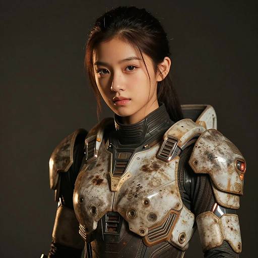Photograph of an Asian woman with fair skin, dark hair in a ponytail, wearing detailed, weathered sci-fi armor against a dark background.