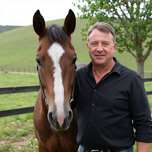 Photograph of middle-aged man in black shirt standing beside brown horse with white stripe on forehead, in green pasture with tree.