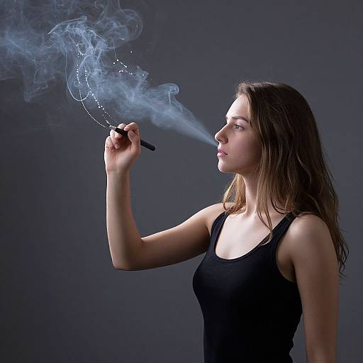 Photograph of a young woman with long brown hair, wearing a black tank top, smoking from a lit pipe emitting blue smoke, against a dark gray