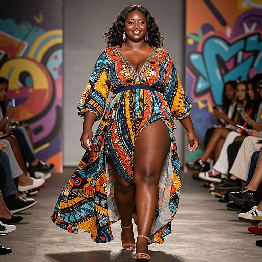 Photograph of a confident, curvy Black woman with dark skin and curly hair, wearing a vibrant, patterned, deep V-neck dress, walking