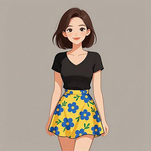 Digital anime-style drawing of a young woman with short brown hair, black V-neck top, and yellow floral skirt, standing against a gray background.