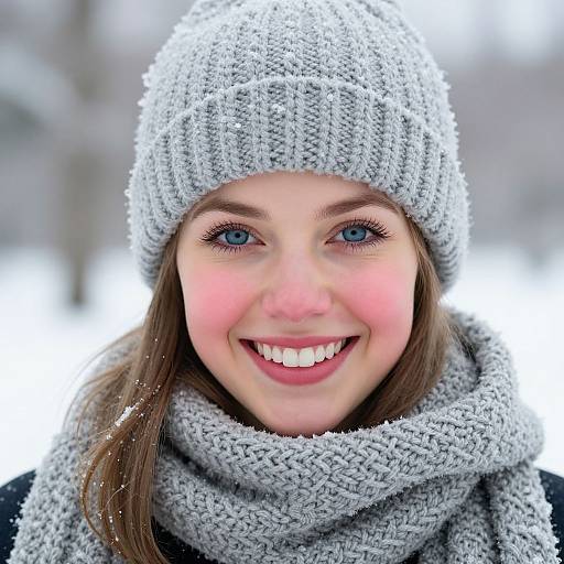 Close-up photograph of a smiling woman with blue eyes, wearing a knitted gray beanie and matching scarf, against a snowy background.