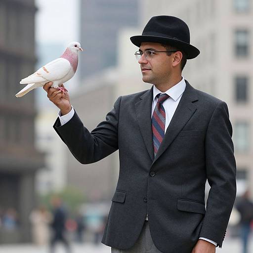 Photograph of a man in a black suit, tie, and bowler hat, holding a white pigeon, standing in a urban city background.