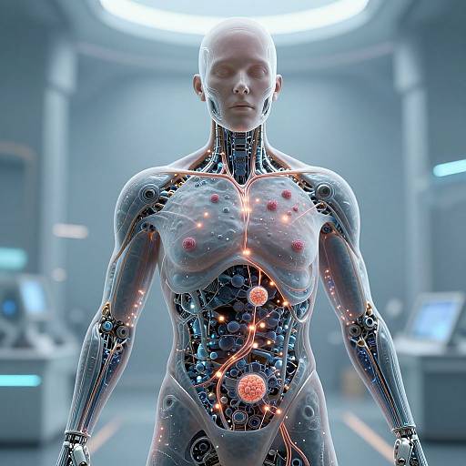 CGI image of a bald, humanoid robot with transparent skin, showcasing internal cybernetic organs and glowing orange circuitry, standing in a futuristic,