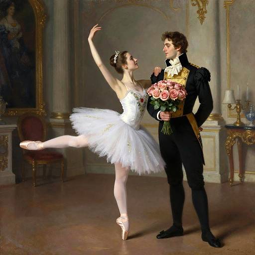Photograph of a ballerina in a white tutu and tiara, holding pink roses, dancing with a military officer in black and gold uniform