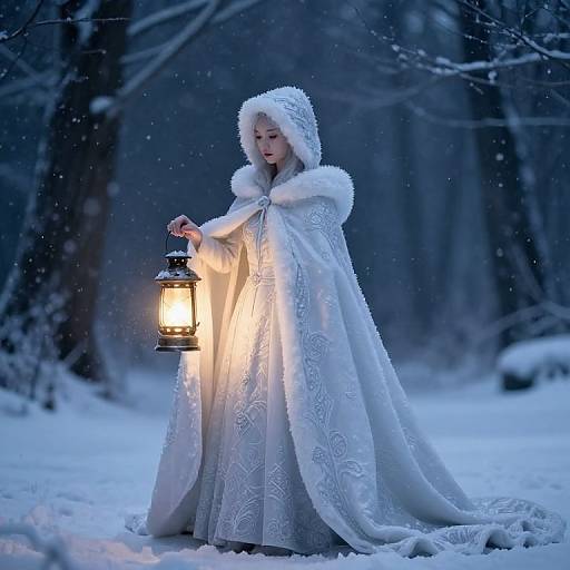 Photograph of a young woman in a snowy forest, wearing a white, ornate, fur-trimmed winter gown, holding a glowing lantern,