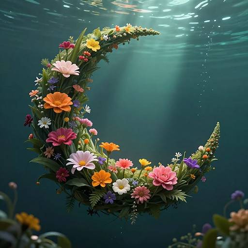 Photograph of a crescent-shaped floral wreath, filled with vibrant pink, orange, yellow, and white flowers, floating underwater with sunlight filtering through