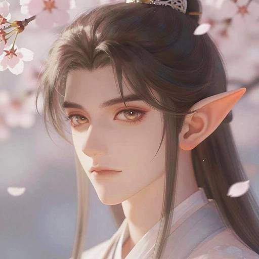 Digital anime-style portrait of an androgynous elf with long black hair, pointed ears, and gentle brown eyes, standing against a cherry blossom background