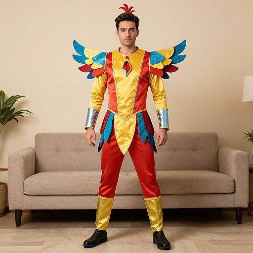 Photograph of a man in vibrant, colorful circus-style costume with yellow and red outfit, blue and red feathered shoulders, silver cuffs, gold boots