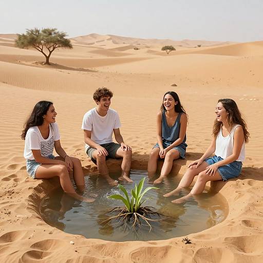 Photograph of four young adults, two men and two women, sitting in a desert oasis, laughing and smiling around a small waterhole with a plant