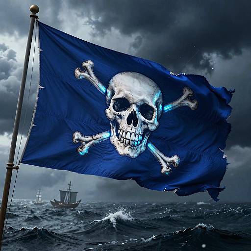 Photograph of a stormy ocean with a tattered blue pirate flag featuring a glowing white skull and crossed bones, flying from a pole, with a