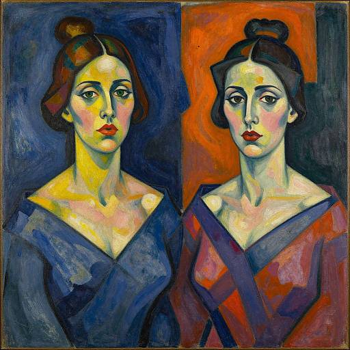 Two women with painted faces in vibrant, Expressionist-style portrait; one in blue, one in red; bold colors, dark backgrounds, mixed textures.