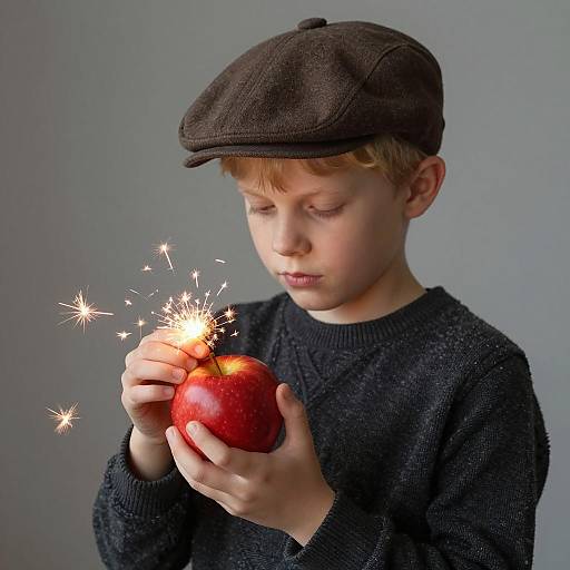 Focused Boy with Glowing Apple Sparks