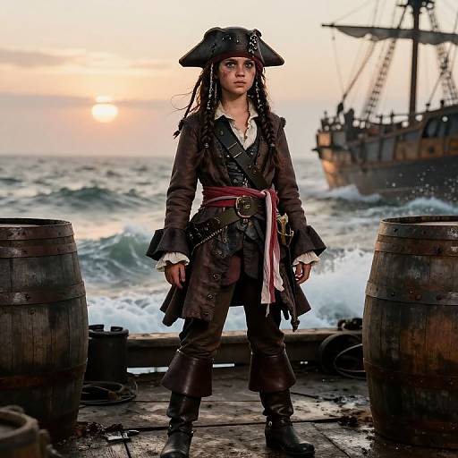 Photograph of a young woman with dark braided hair, wearing a pirate outfit, standing on a ship's deck at sunset, with barrels and a