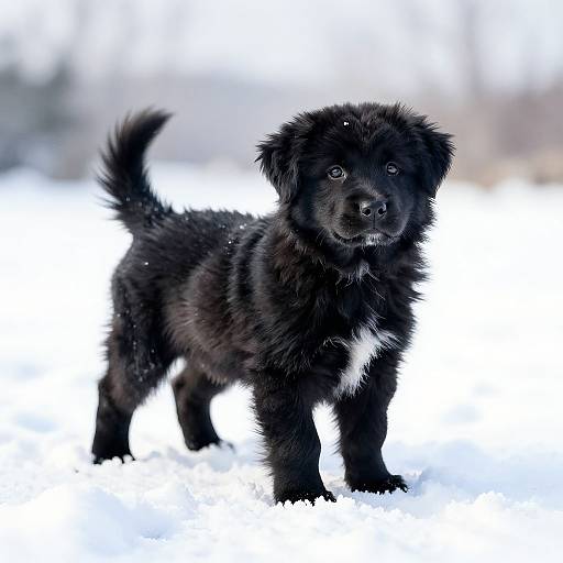 Photograph of a fluffy, black puppy with white chest fur standing in snowy landscape, looking curiously at the camera.