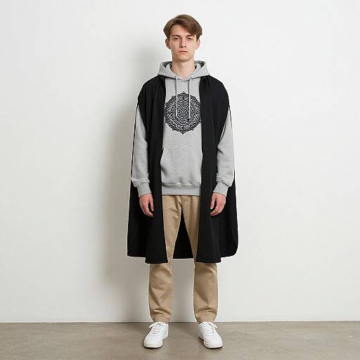 Photograph of a young, light-skinned man with brown hair, wearing a black coat over a gray hoodie with a black geometric design, beige pants