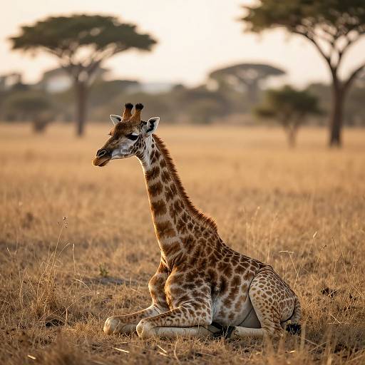 Photograph of a resting giraffe with brown and white spotted coat in a sunlit, golden grass savanna, with blurred acacia trees in the