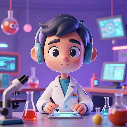 Caricature Futuristic Scientist in Colorful Lab