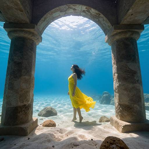 Photograph of a woman with long dark hair in a flowing yellow dress standing underwater beneath a sunlit stone archway, surrounded by rocks and clear blue