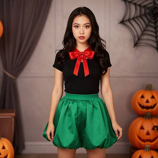 Young Asian woman with long black hair, wearing a black shirt with red bow and green skirt, stands in front of Halloween-themed background with pumpkins and