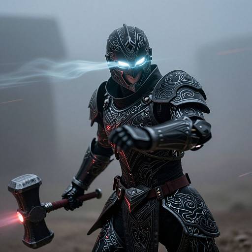 CGI image of a glowing-eyed, black armored warrior wielding a glowing hammer in a foggy, desolate landscape. Dynamic, futuristic fantasy style.