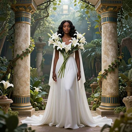 Photograph of a beautiful Black woman in a white, flowing wedding dress holding white lilies, standing between ornate, vine-covered columns in a lush