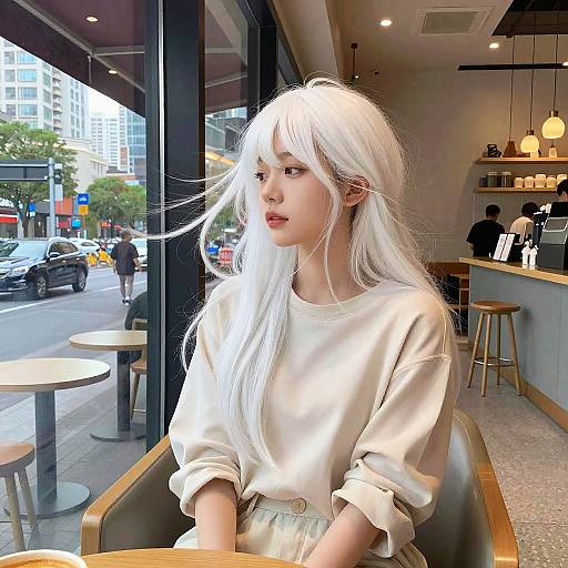 White-Haired Girl in Urban Cafe