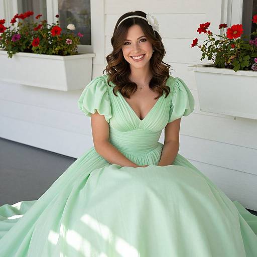 Photograph of a smiling woman with wavy brown hair, wearing a mint green, V-neck ball gown with puffed sleeves, sitting outdoors by white