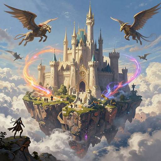 Fantasy digital art: majestic floating castle with spires, surrounded by clouds, griffins, and colorful energy arcs; silhouetted figures