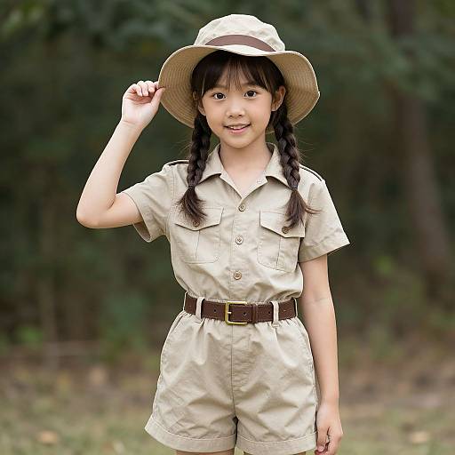Young Asian girl in a khaki scout uniform with braided hair, beige hat, and brown belt, smiling outdoors in a forest.