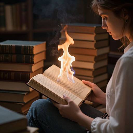 Photograph of a young woman with brown hair, wearing a white blouse, reading an open book with a fire emerging from it, surrounded by stacked books