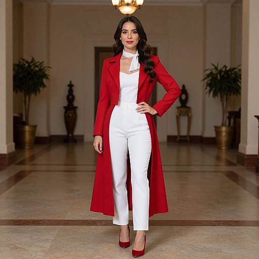 Photograph of a woman with long dark hair, wearing a red coat, white jumpsuit, red heels, and choker, standing in a grand