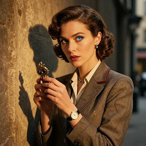 Photorealistic digital artwork of a 1940s-style woman with blue eyes, brown curls, wearing a brown tweed blazer, white shirt