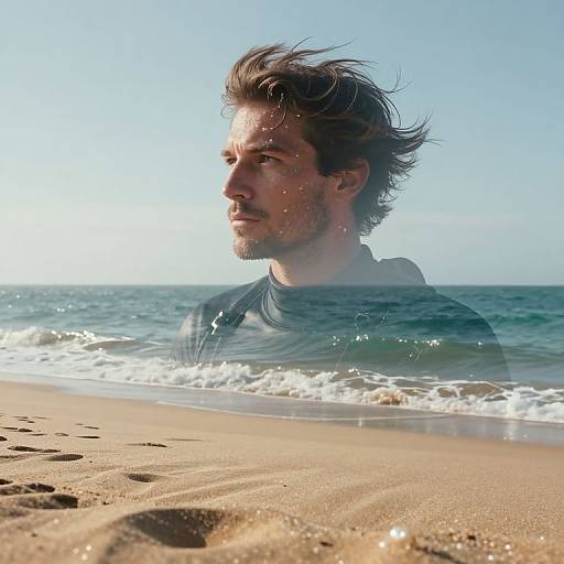 Photograph of a bearded man with tousled brown hair standing at the beach, ocean waves in background, superimposed reflection on wet sand.