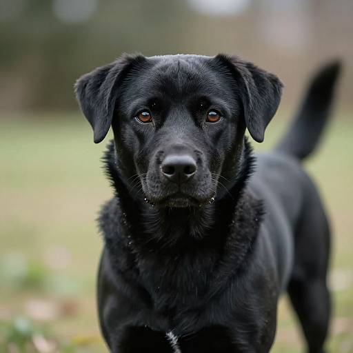 Photograph of a black Labrador Retriever with shiny fur, brown eyes, standing in a grassy outdoor area, looking directly at the camera.
