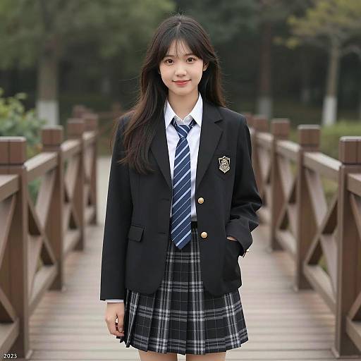 Smiling Schoolgirl on Wooden Bridge