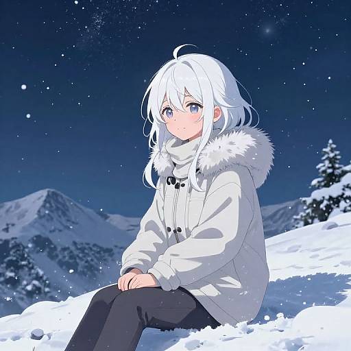 Anime-style digital drawing of a white-haired girl with blue eyes, wearing a white winter coat with a fur hood, sitting in a snowy mountain landscape under