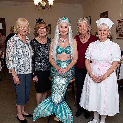 Photograph of five elderly women: two in black dresses, one in white nurse uniform, one in mermaid costume, one in lace blouse, standing