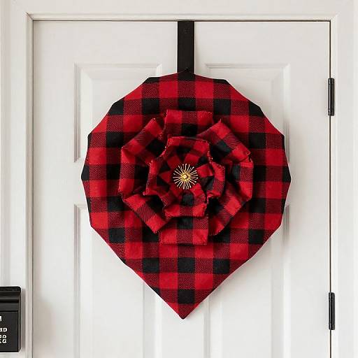 Photograph of a red and black plaid fabric Christmas wreath with a gold star center, hanging on a white door.