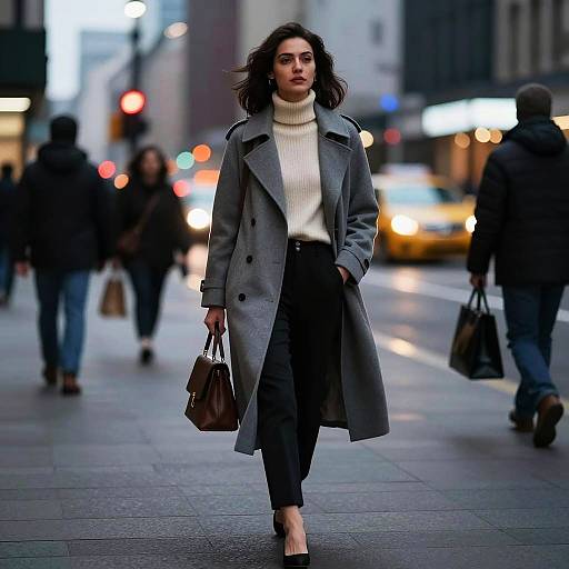 Stylish woman walking on city street at night