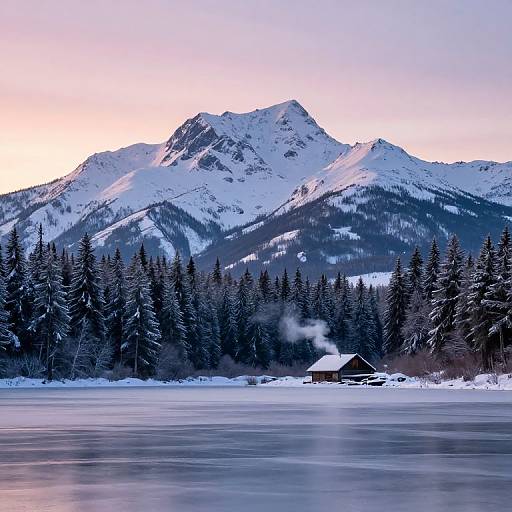 Photograph of a serene winter landscape featuring snow-covered mountains, evergreen forest, frozen lake, and small wooden cabin with smoke rising.
