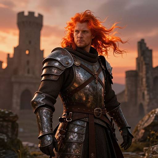 Photorealistic digital artwork of a red-haired knight with flowing hair, wearing shiny, medieval armor, standing before a sunset-lit, castle ruins.