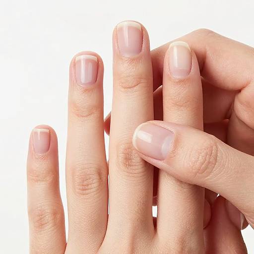 Photograph of two hands with neatly trimmed, light pink nail polish, one hand gently touching the other's index finger against a white background.