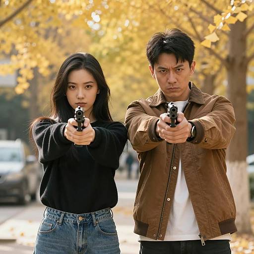 Intense Autumn Standoff: Gunpoint Portrait