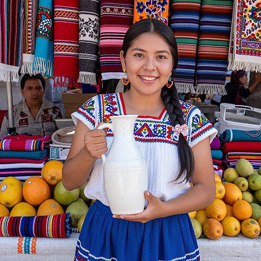 Photograph of a smiling young girl with dark hair in a braid, wearing a colorful embroidered blouse and blue skirt, holding a white jug, standing