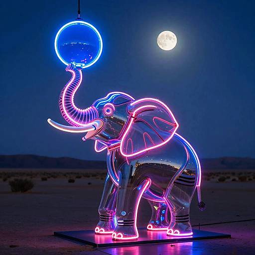 Neon-lit elephant sculpture with glowing blue ball on trunk, under full moon, in desert night sky. Vibrant pink, blue, and purple