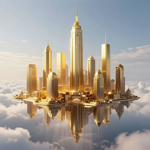 Photorealistic CGI of a golden skyscraper city floating above fluffy clouds, illuminated by sunlight, with reflective water below.