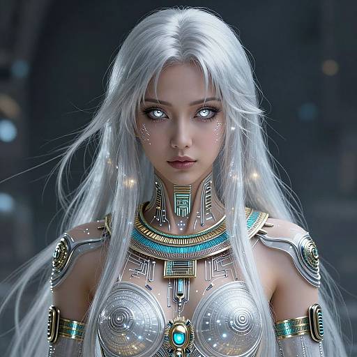 Digital art of a white-haired, blue-eyed, sci-fi fantasy woman with glowing eyes, wearing intricate metallic armor and jewelry, set against a dark,