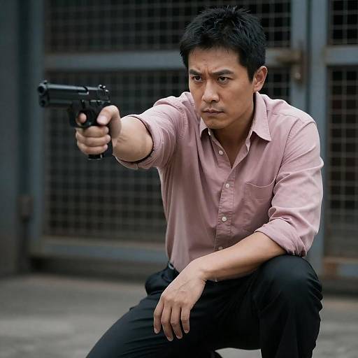 Crouching Man in Pink Shirt Aiming Handgun