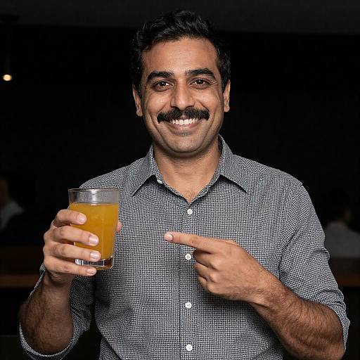 Smiling Man with Mustache and Drink
